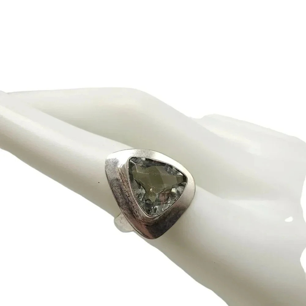 Gray Quartz Faceted Gemstone Triangle Ring Size 8 Silver Plated Vintage